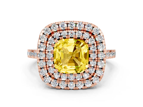 Rose gold Double Halo Cushion Cut Yellow Sapphire Pavé Band with Four-Prong Setting_24