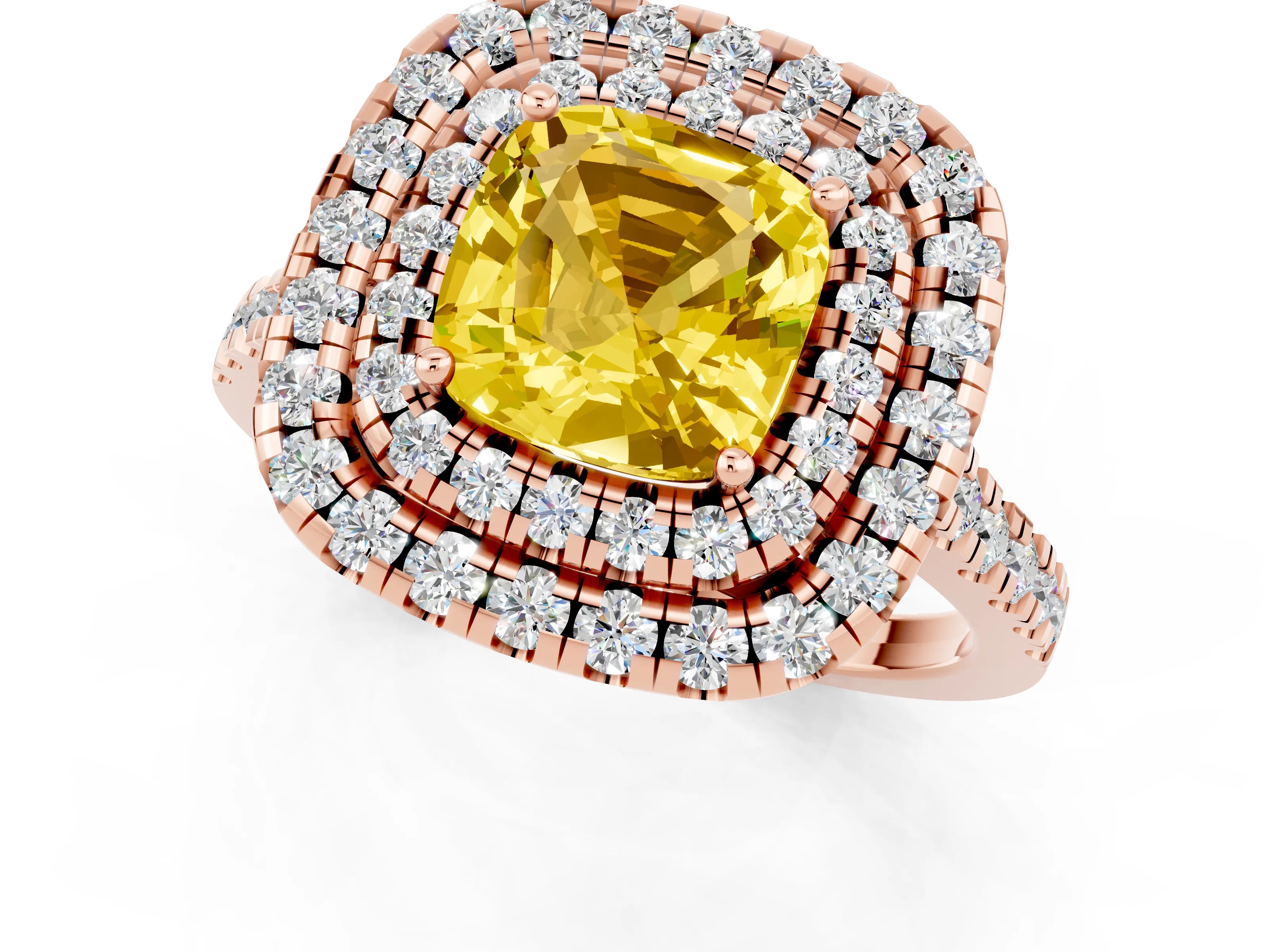 Rose gold Double Halo Cushion Cut Yellow Sapphire Pavé Band with Four-Prong Setting_25