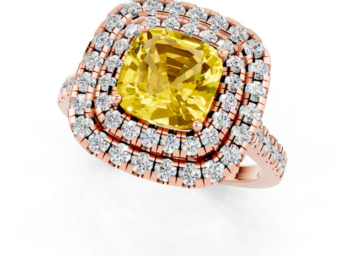 Rose gold Double Halo Cushion Cut Yellow Sapphire Pavé Band with Four-Prong Setting_25
