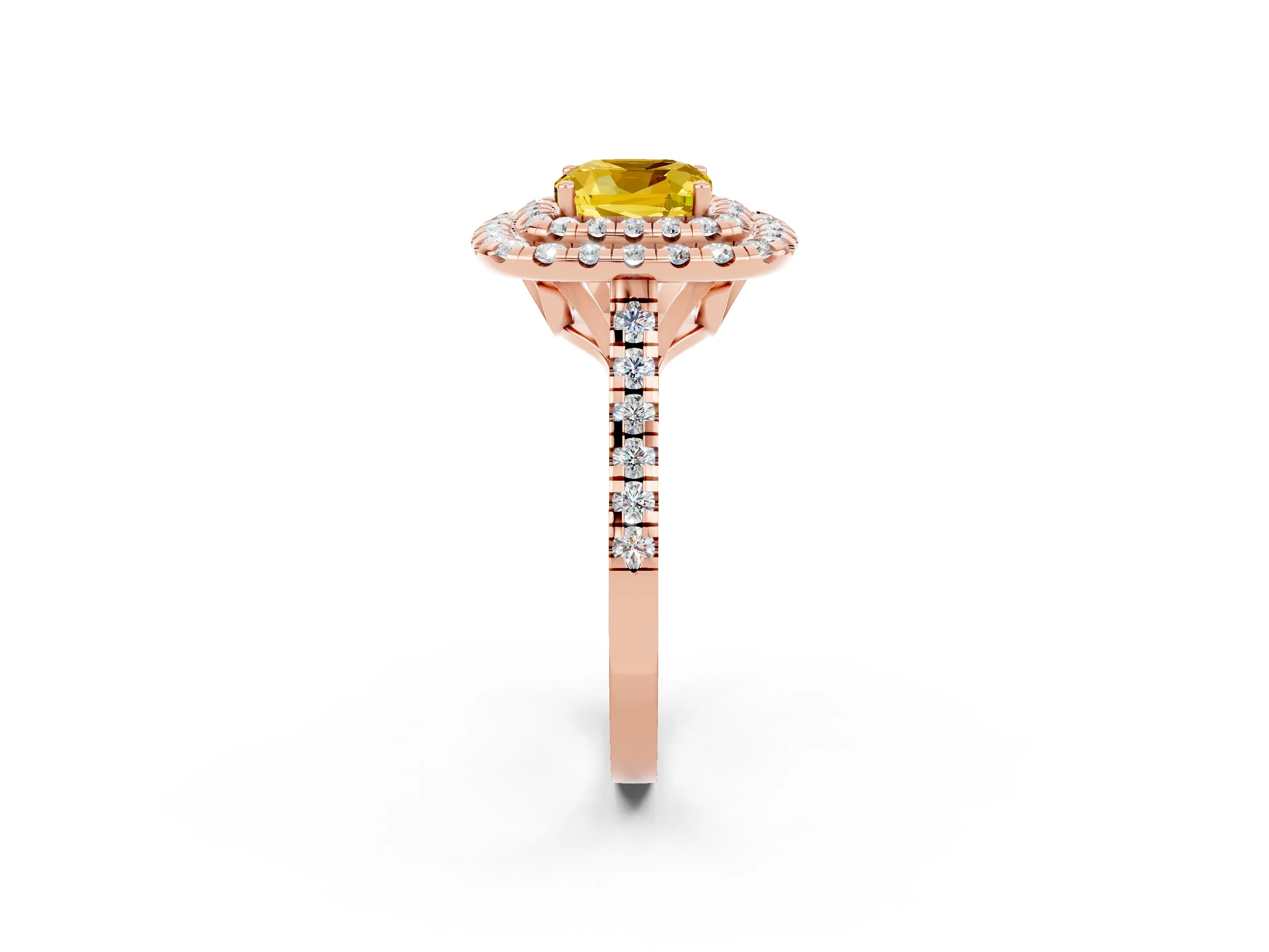 Rose gold Double Halo Cushion Cut Yellow Sapphire Pavé Band with Four-Prong Setting_26