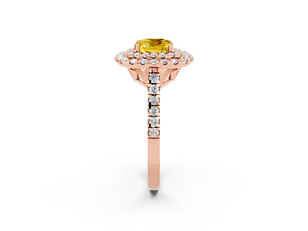 Rose gold Double Halo Cushion Cut Yellow Sapphire Pavé Band with Four-Prong Setting