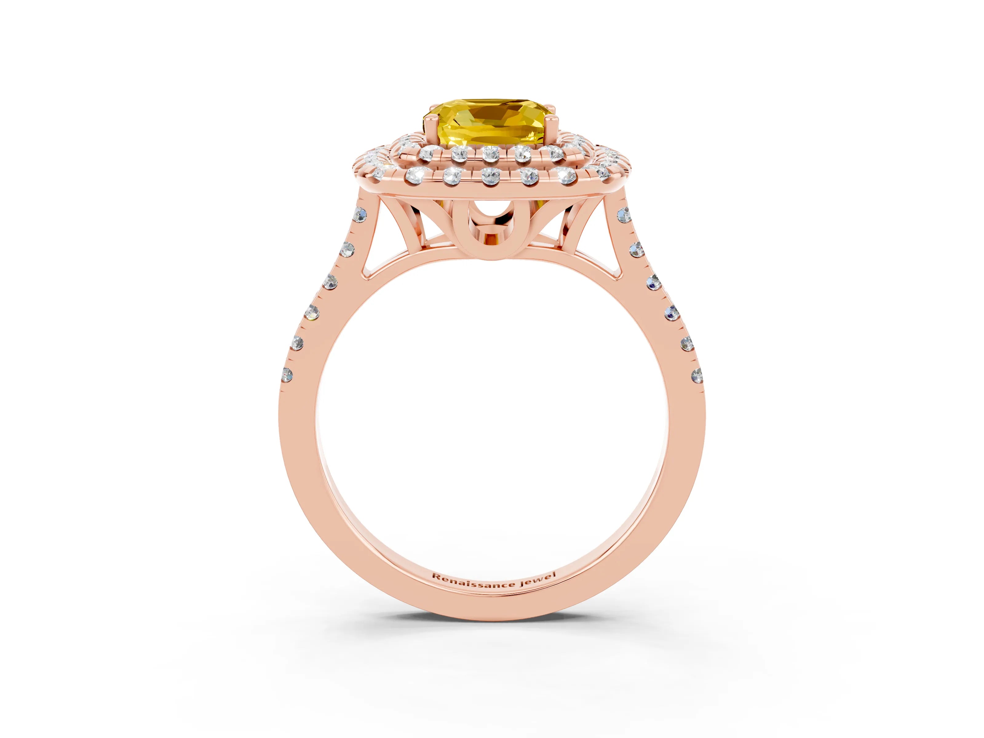 Rose gold Double Halo Cushion Cut Yellow Sapphire Pavé Band with Four-Prong Setting_27