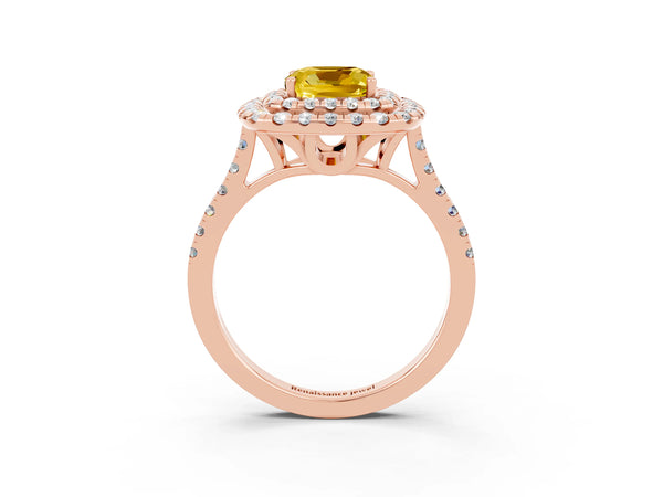 Rose gold Double Halo Cushion Cut Yellow Sapphire Pavé Band with Four-Prong Setting