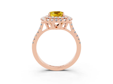 Rose gold Double Halo Cushion Cut Yellow Sapphire Pavé Band with Four-Prong Setting_27