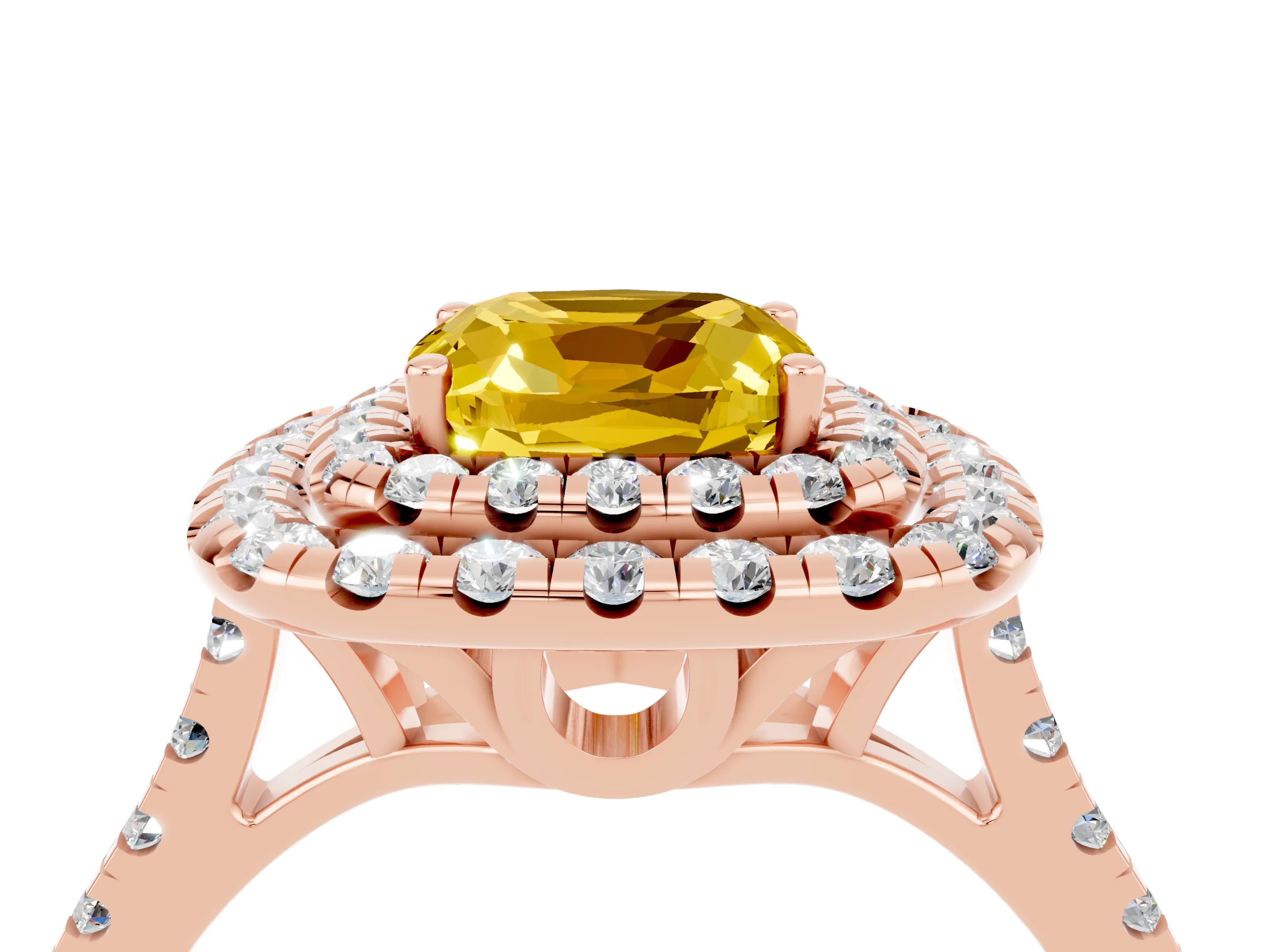Rose gold Double Halo Cushion Cut Yellow Sapphire Pavé Band with Four-Prong Setting_28