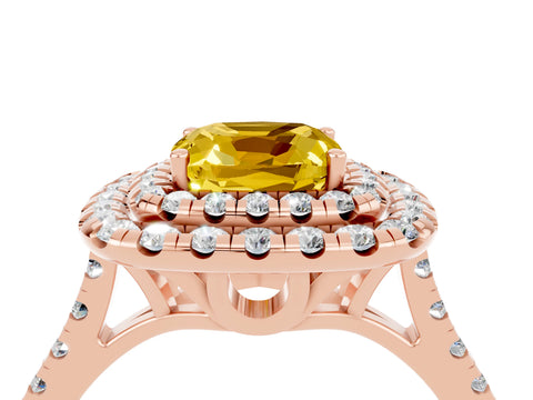 Rose gold Double Halo Cushion Cut Yellow Sapphire Pavé Band with Four-Prong Setting_28
