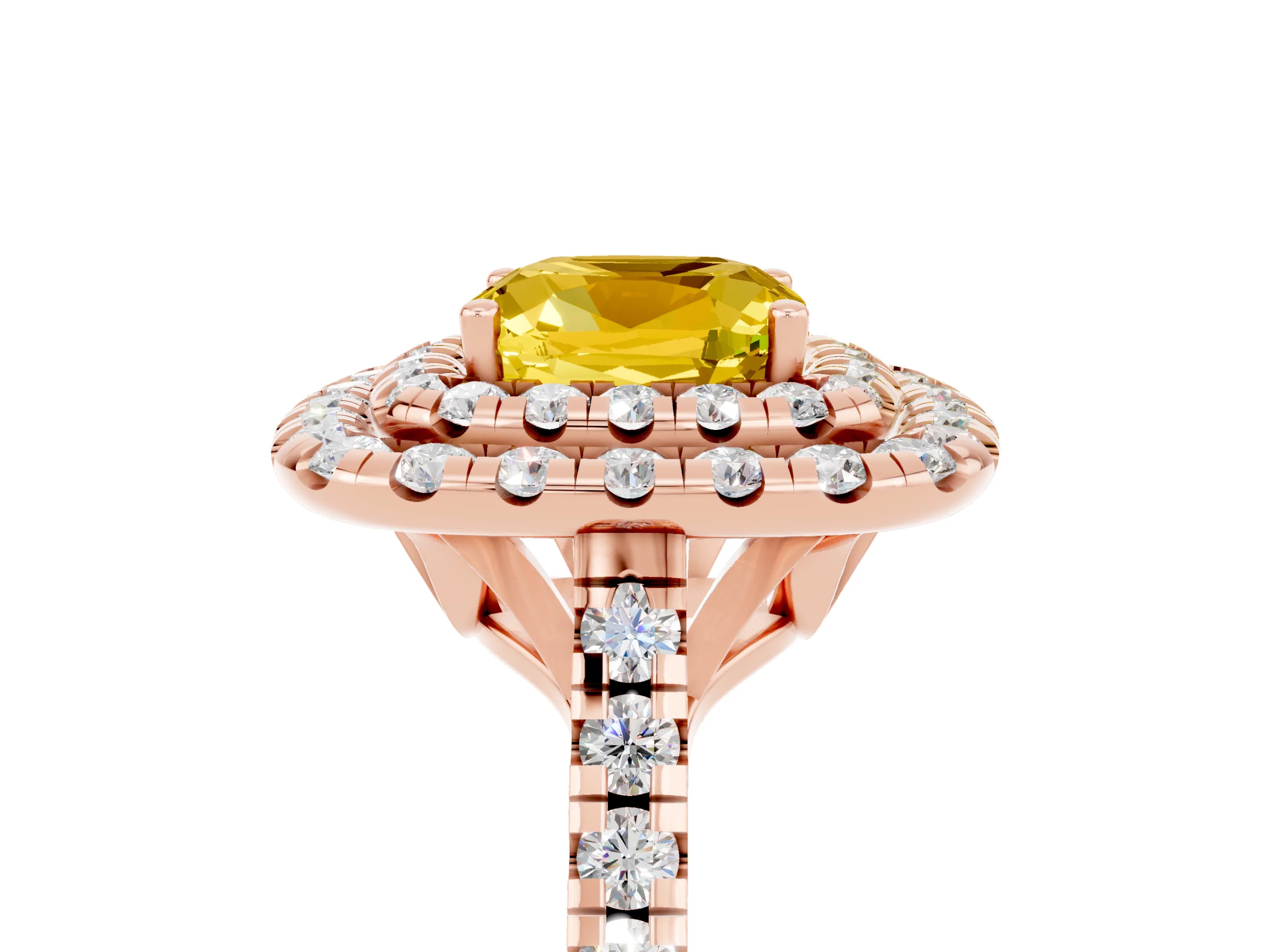 Rose gold Double Halo Cushion Cut Yellow Sapphire Pavé Band with Four-Prong Setting_29