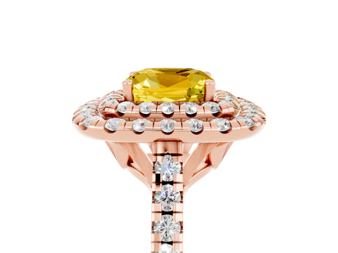 Rose gold Double Halo Cushion Cut Yellow Sapphire Pavé Band with Four-Prong Setting_29