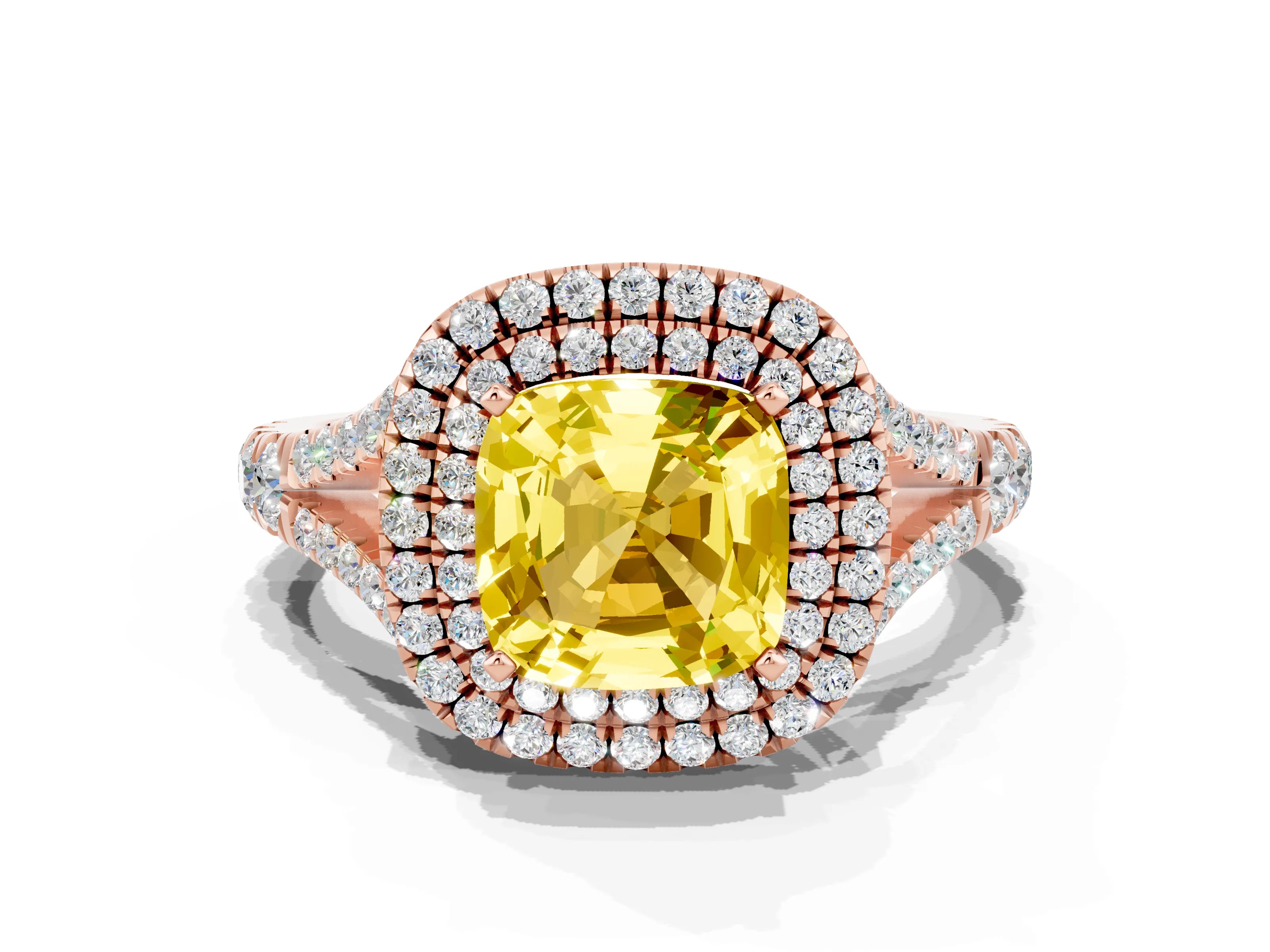 Rose gold Double Halo Cushion Cut Yellow Sapphire Pavé Split Shank Ring with Prong Setting