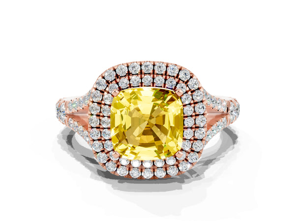 Rose gold Double Halo Cushion Cut Yellow Sapphire Pavé Split Shank Ring with Prong Setting