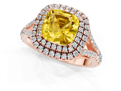Rose gold Double Halo Cushion Cut Yellow Sapphire Pavé Split Shank Ring with Prong Setting_1