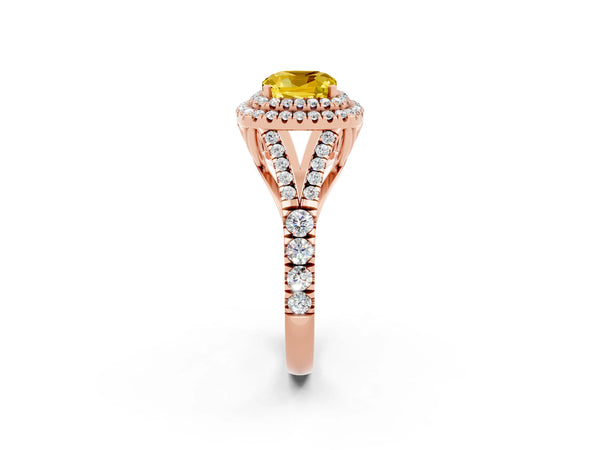 Rose gold Double Halo Cushion Cut Yellow Sapphire Pavé Split Shank Ring with Prong Setting