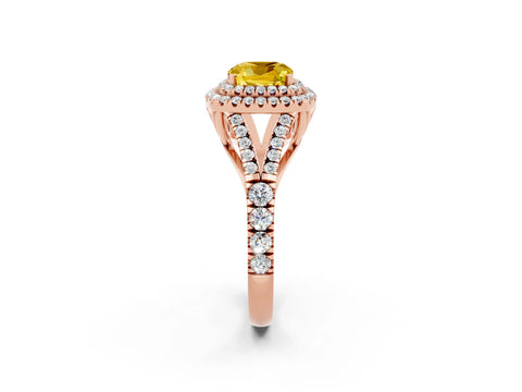 Rose gold Double Halo Cushion Cut Yellow Sapphire Pavé Split Shank Ring with Prong Setting_2