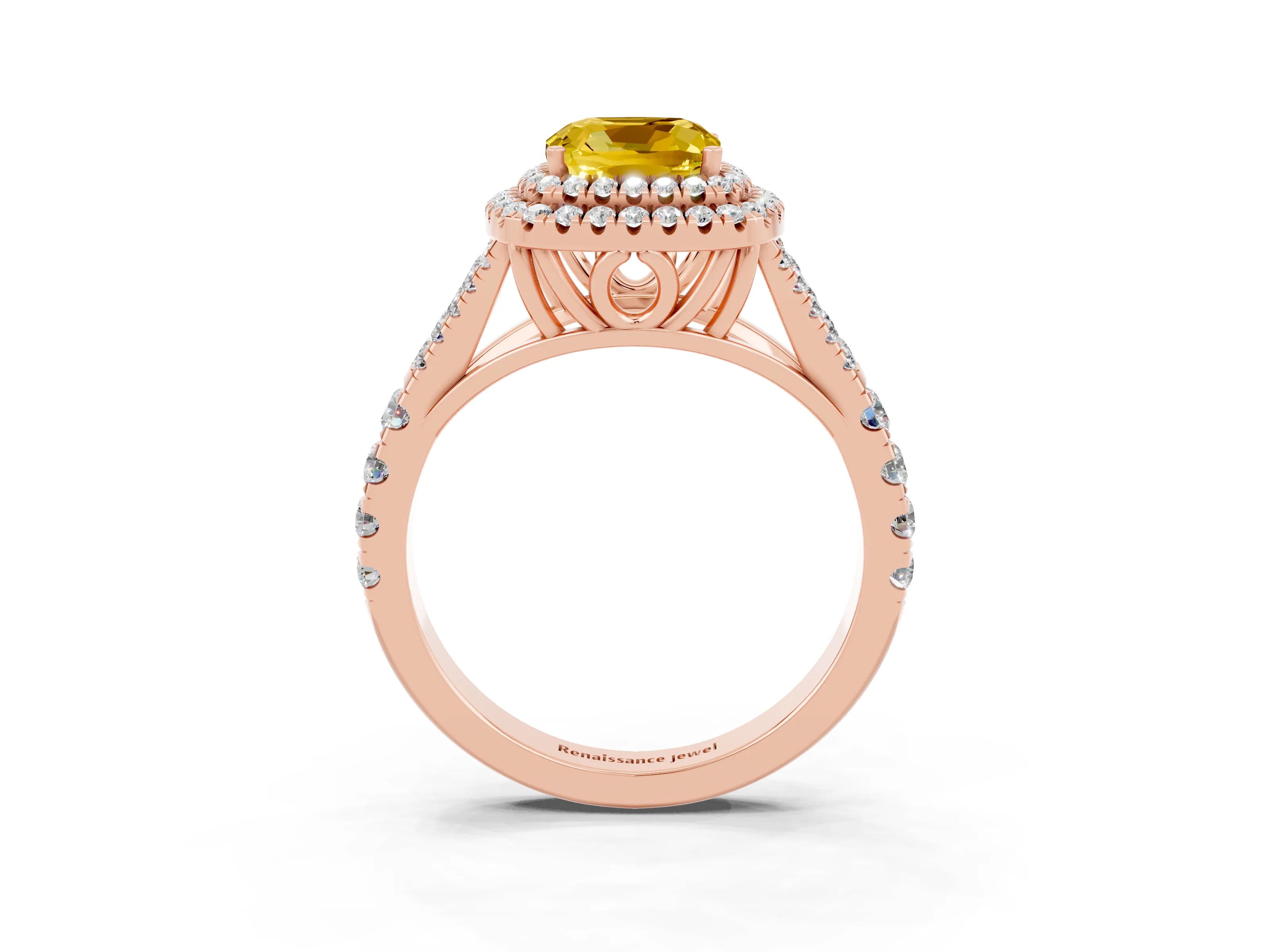 Rose gold Double Halo Cushion Cut Yellow Sapphire Pavé Split Shank Ring with Prong Setting_3