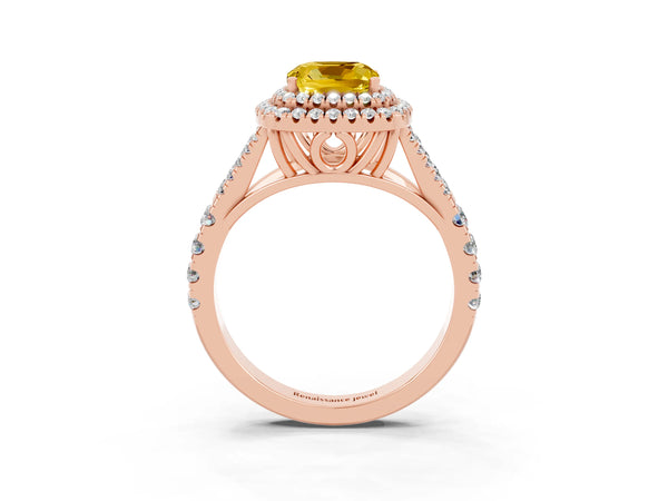 Rose gold Double Halo Cushion Cut Yellow Sapphire Pavé Split Shank Ring with Prong Setting