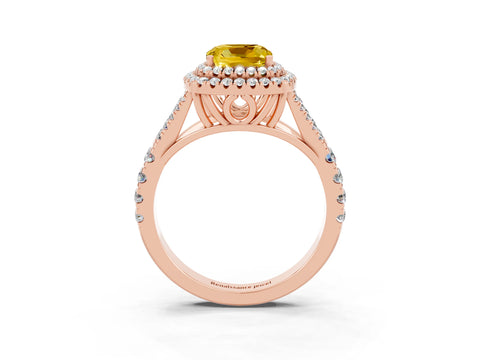 Rose gold Double Halo Cushion Cut Yellow Sapphire Pavé Split Shank Ring with Prong Setting_3