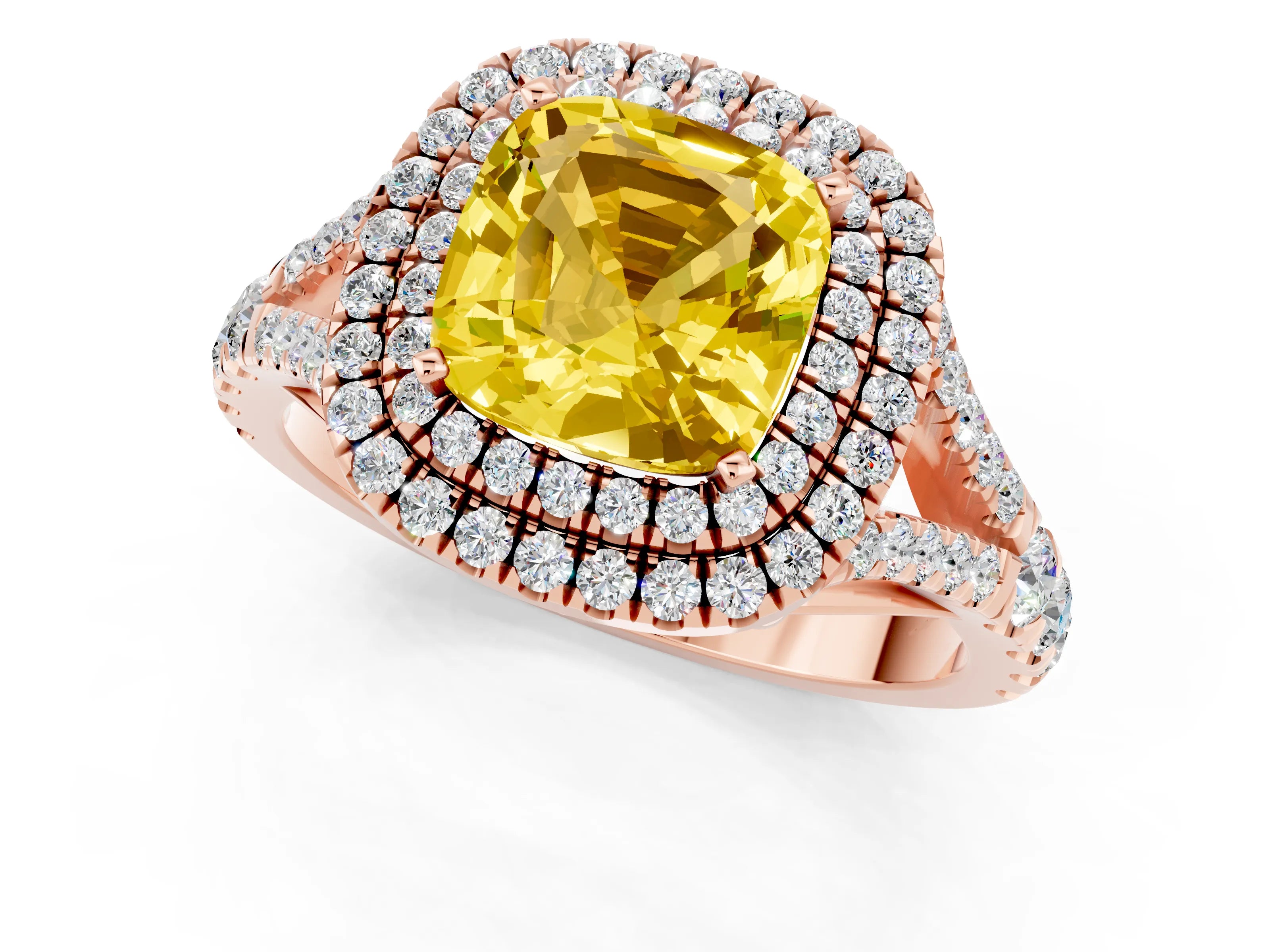 Rose gold Double Halo Cushion Cut Yellow Sapphire Split Shank Engagement Ring with Four-Prong Setting_1