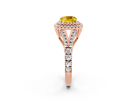 Rose gold Double Halo Cushion Cut Yellow Sapphire Split Shank Engagement Ring with Four-Prong Setting_2