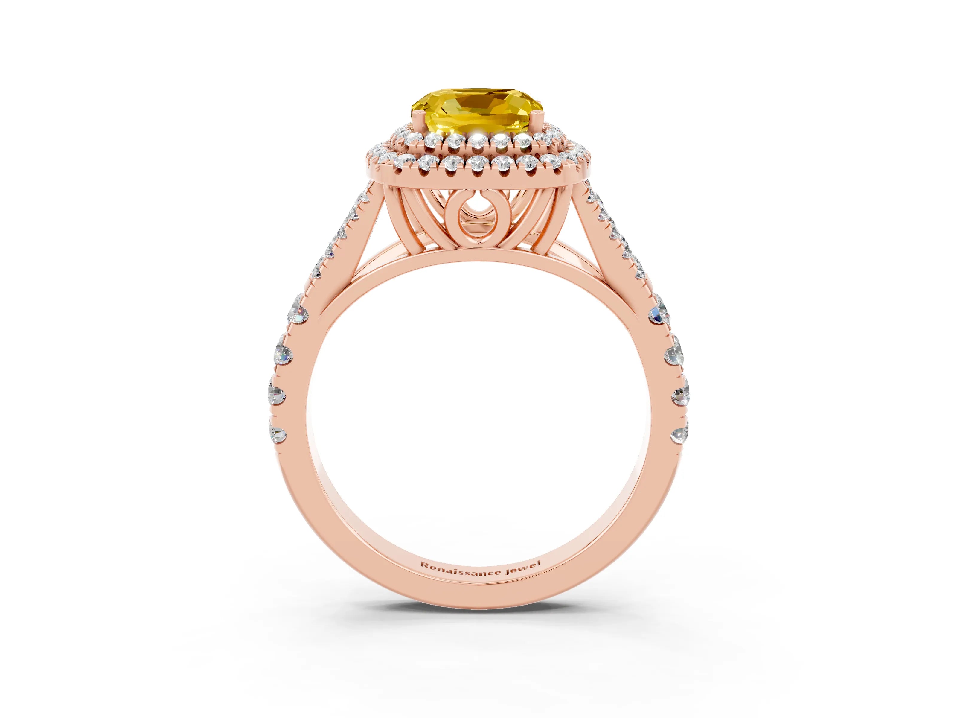 Rose gold Double Halo Cushion Cut Yellow Sapphire Split Shank Engagement Ring with Four-Prong Setting_3