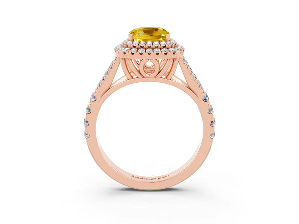 Rose gold Double Halo Cushion Cut Yellow Sapphire Split Shank Engagement Ring with Four-Prong Setting