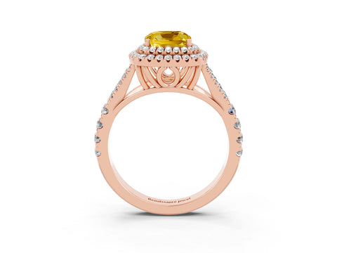 Rose gold Double Halo Cushion Cut Yellow Sapphire Split Shank Engagement Ring with Four-Prong Setting_3
