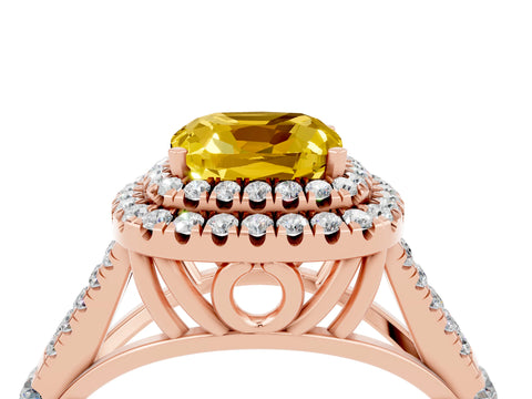 Rose gold Double Halo Cushion Cut Yellow Sapphire Split Shank Engagement Ring with Four-Prong Setting_4