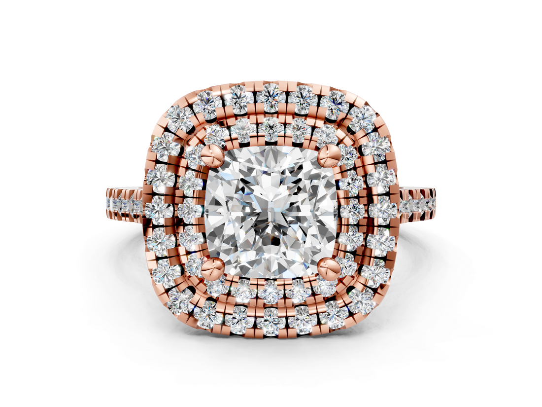 Rose gold Double Halo Cushion Diamond Pave Band with Four-Prong Setting_58