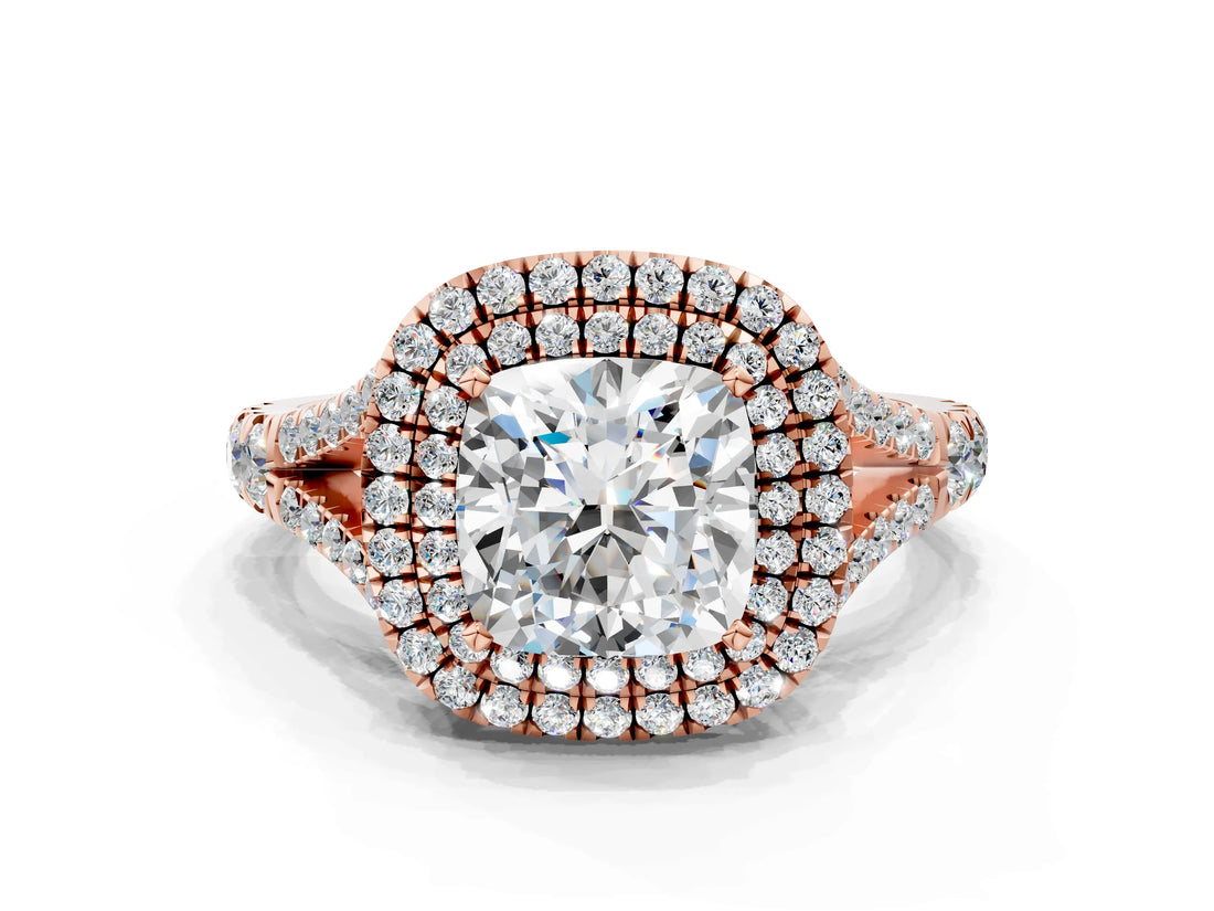 Rose gold Double Halo Cushion-Shaped Split Shank Diamond Ring with Prong Setting_19