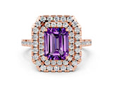 Rose gold Double Halo Emerald Cut Amethyst Pavé Band with Four-Prong Setting