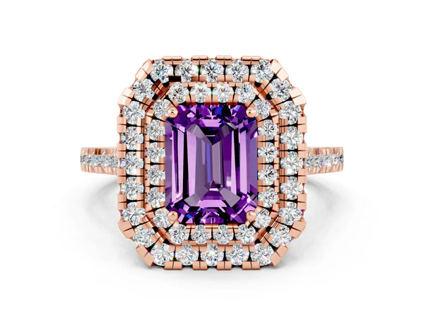 Rose gold Double Halo Emerald Cut Amethyst Pavé Band with Four-Prong Setting