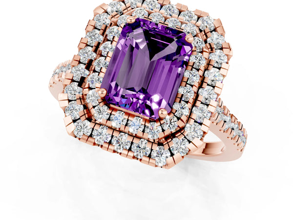 Rose gold Double Halo Emerald Cut Amethyst Pavé Band with Four-Prong Setting