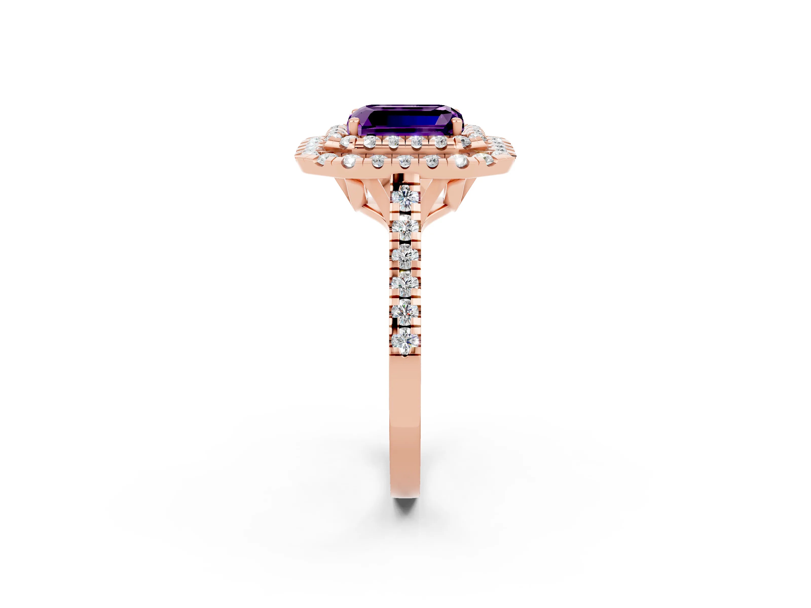 Rose gold Double Halo Emerald Cut Amethyst Pavé Band with Four-Prong Setting_2