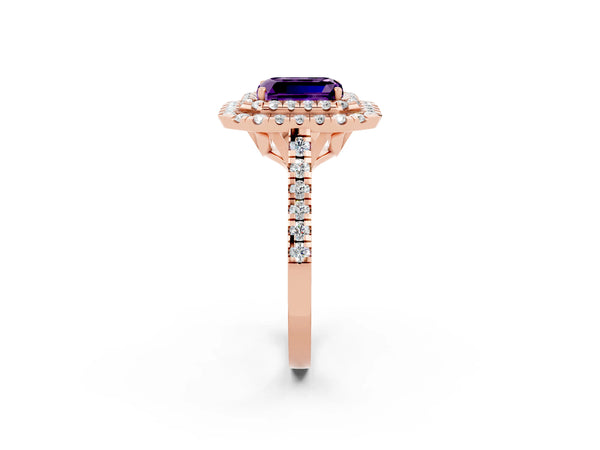 Rose gold Double Halo Emerald Cut Amethyst Pavé Band with Four-Prong Setting