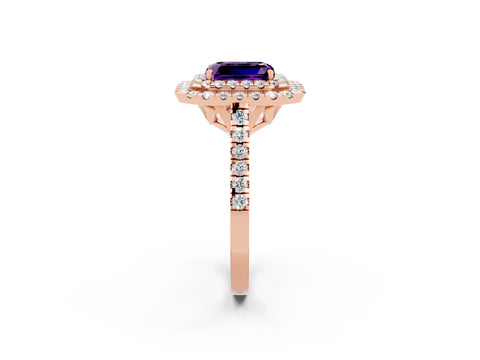 Rose gold Double Halo Emerald Cut Amethyst Pavé Band with Four-Prong Setting_2