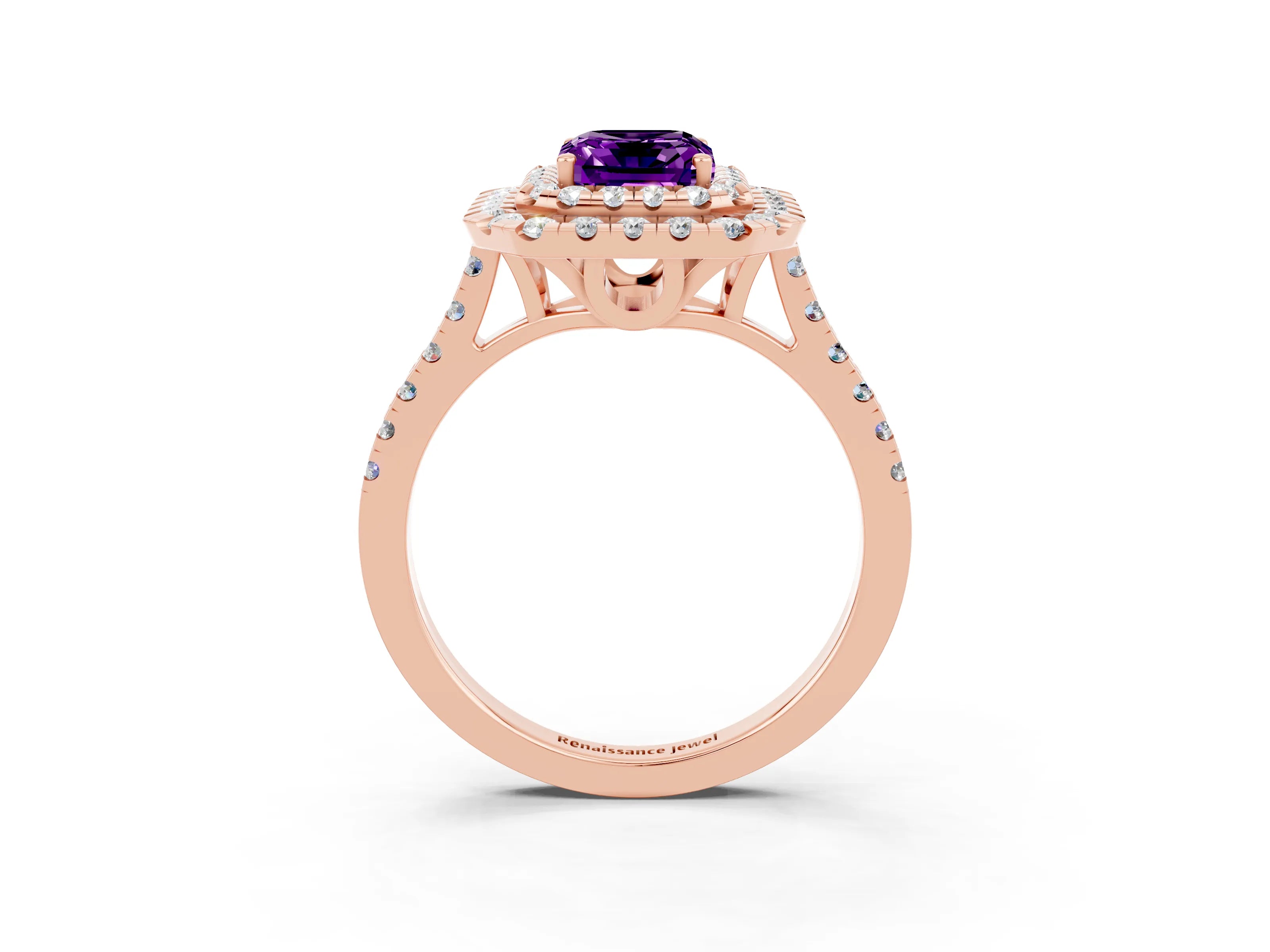 Rose gold Double Halo Emerald Cut Amethyst Pavé Band with Four-Prong Setting_3