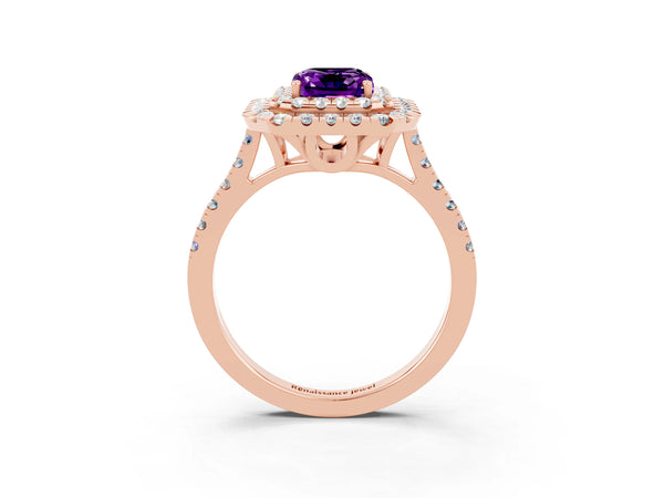 Rose gold Double Halo Emerald Cut Amethyst Pavé Band with Four-Prong Setting