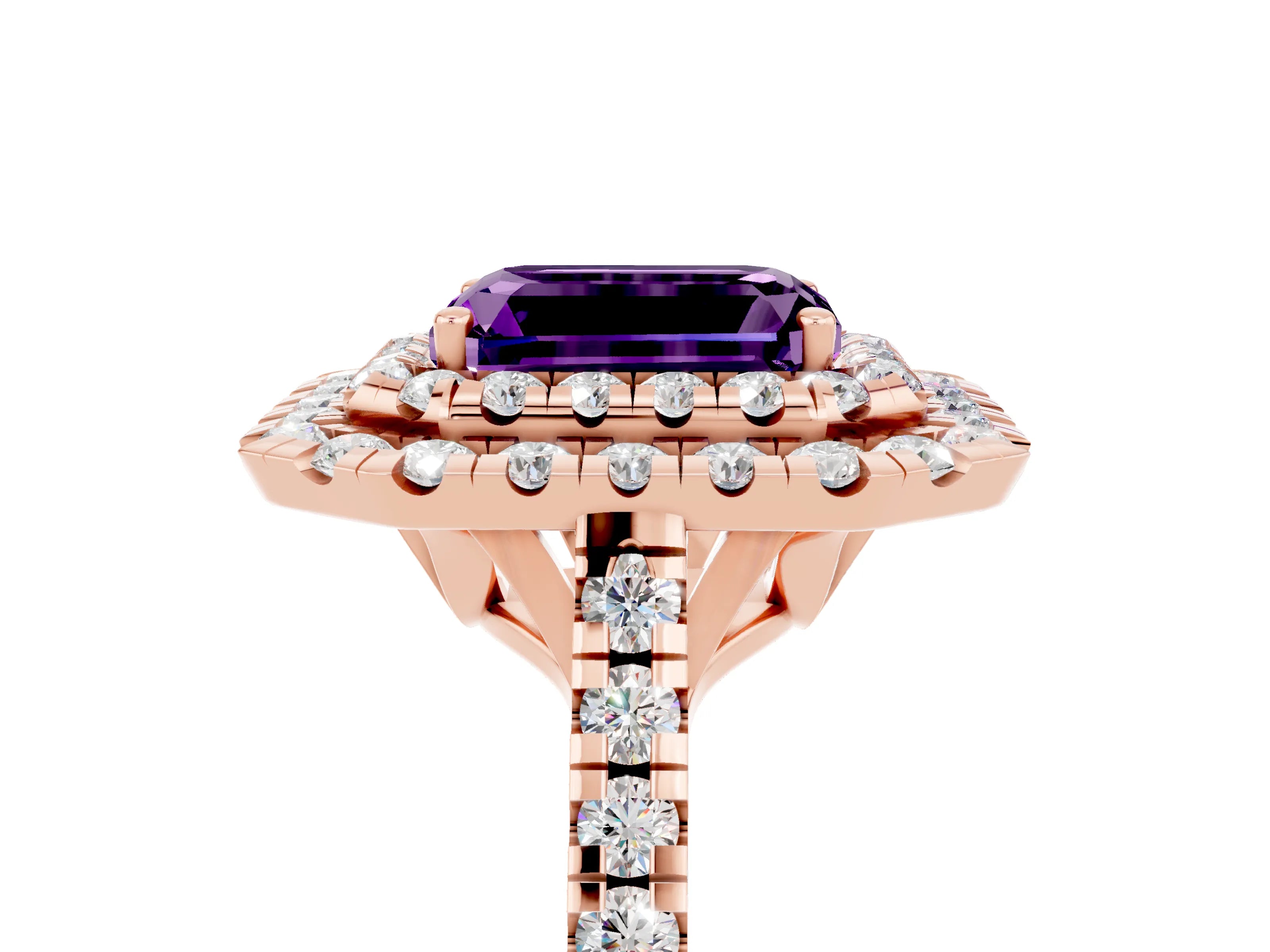 Rose gold Double Halo Emerald Cut Amethyst Pavé Band with Four-Prong Setting_5