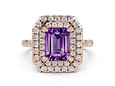Rose gold Double Halo Emerald Cut Amethyst Pavé Band with Four-Prong Setting