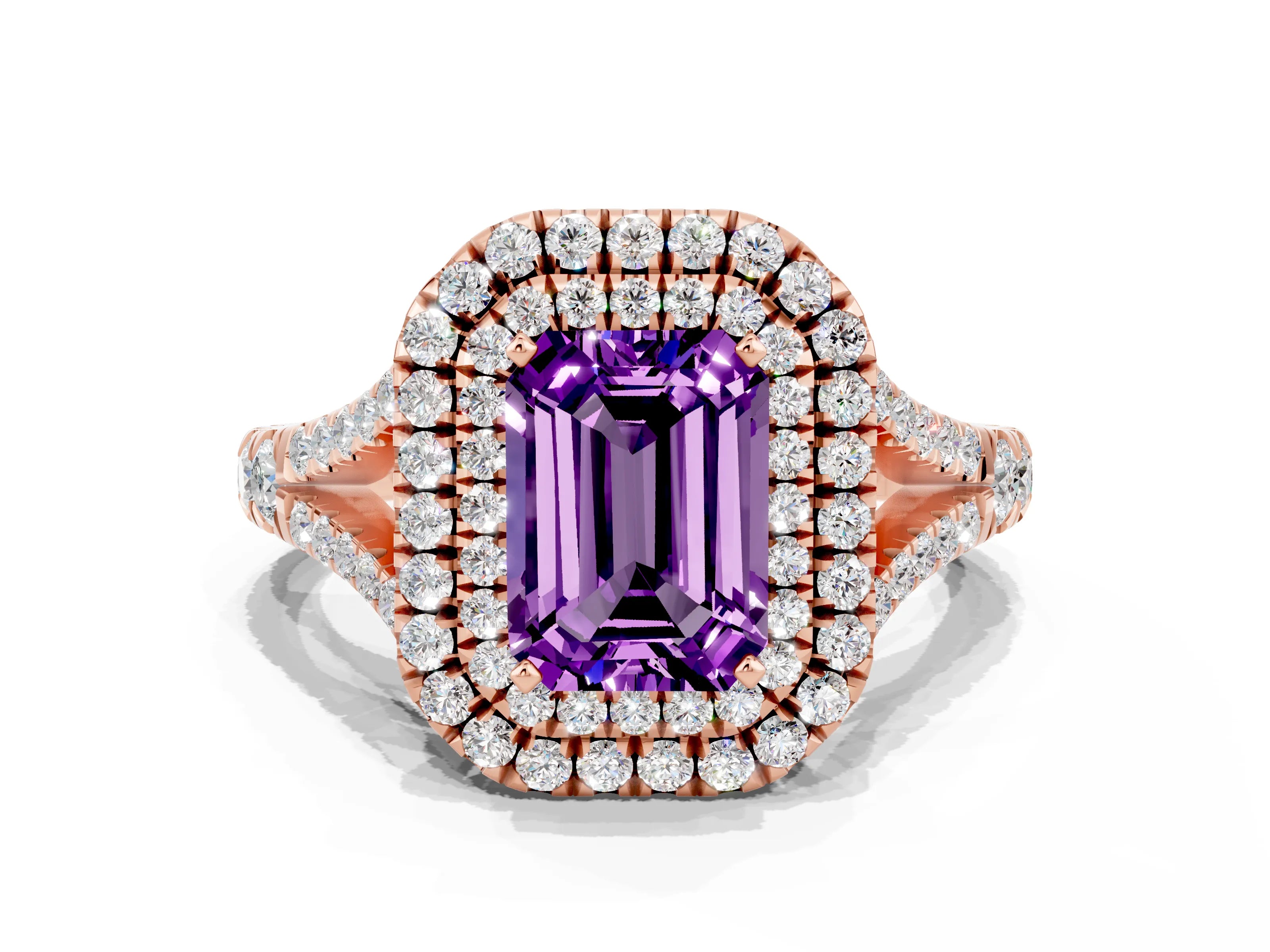 Rose gold Double Halo Emerald Cut Amethyst Pavé Split Shank Ring with Prong Setting