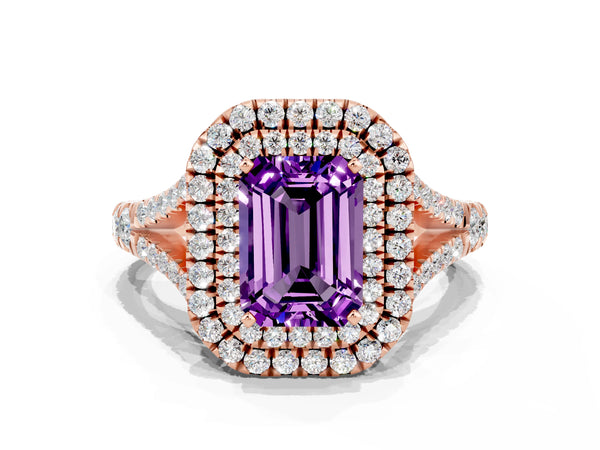 Rose gold Double Halo Emerald Cut Amethyst Pavé Split Shank Ring with Prong Setting