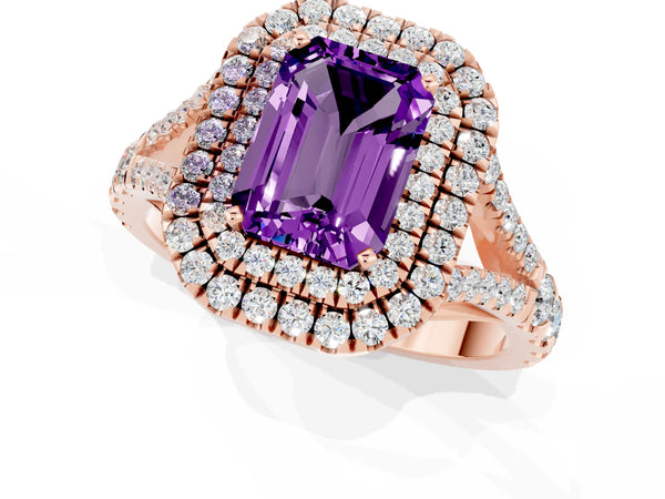 Rose gold Double Halo Emerald Cut Amethyst Pavé Split Shank Ring with Prong Setting