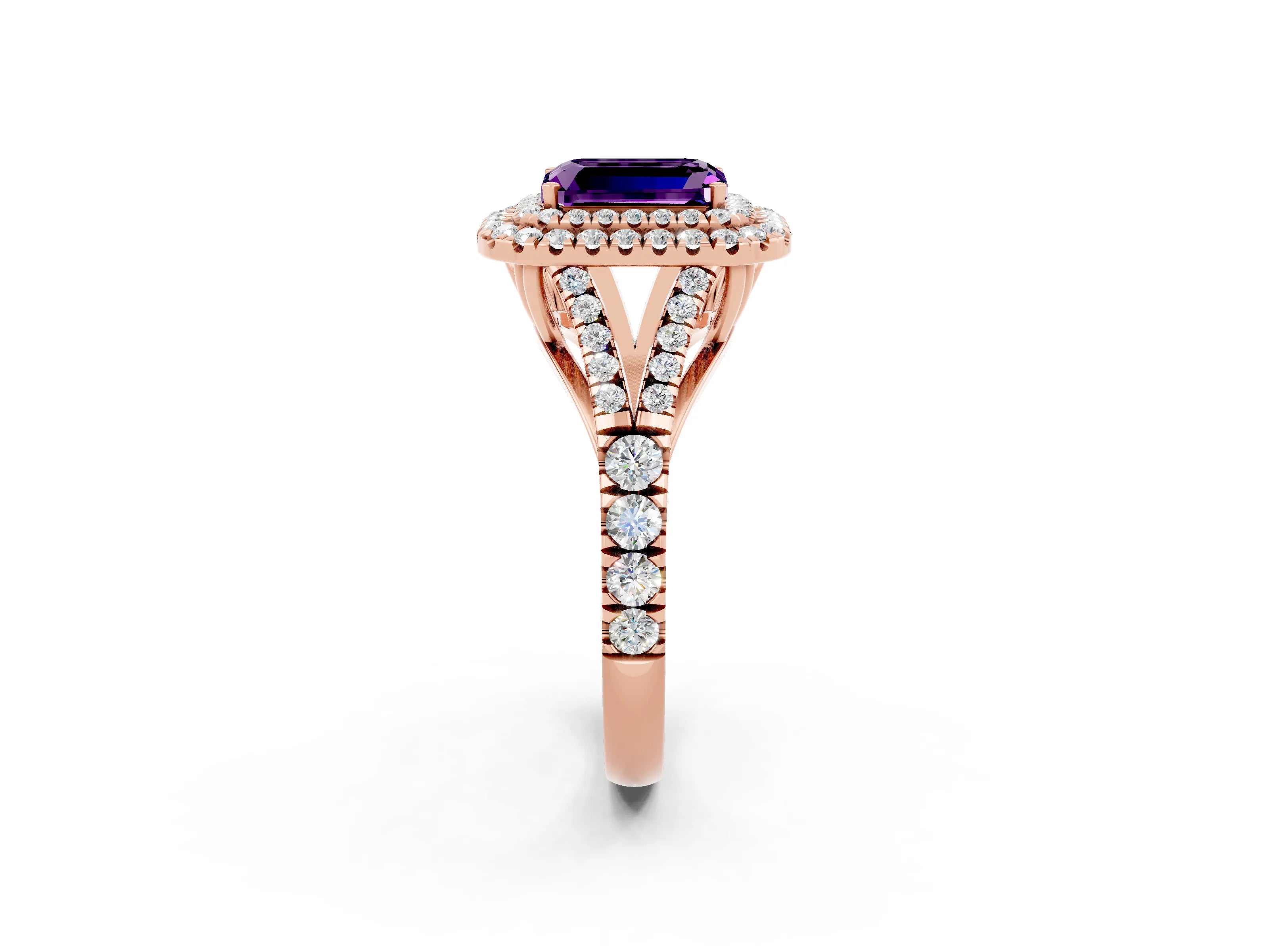 Rose gold Double Halo Emerald Cut Amethyst Pavé Split Shank Ring with Prong Setting_2