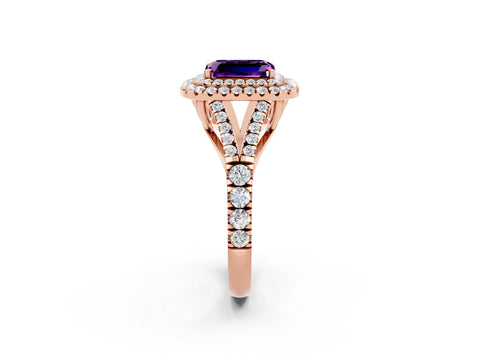 Rose gold Double Halo Emerald Cut Amethyst Pavé Split Shank Ring with Prong Setting_2