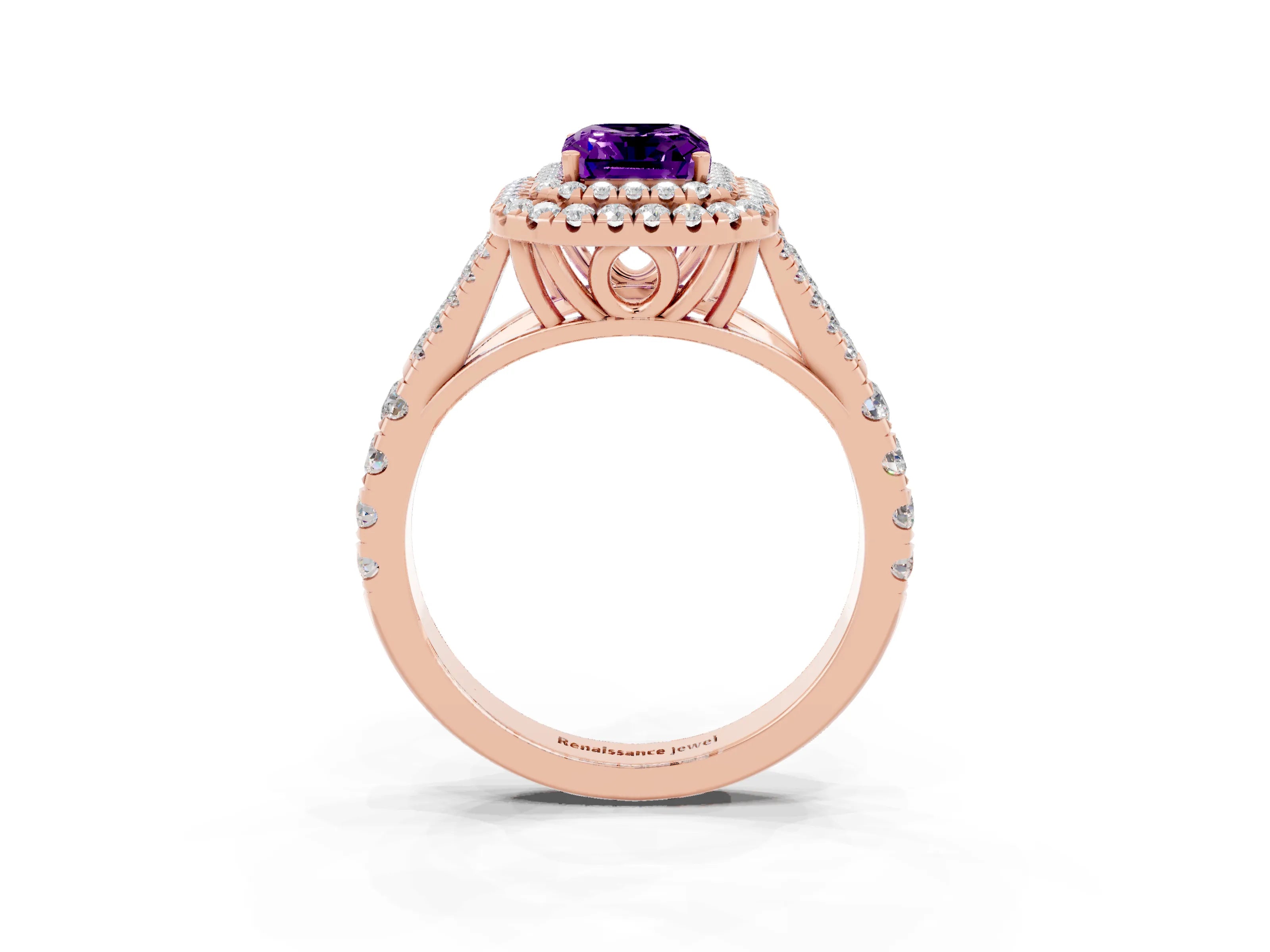 Rose gold Double Halo Emerald Cut Amethyst Pavé Split Shank Ring with Prong Setting_3