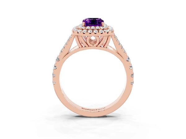 Rose gold Double Halo Emerald Cut Amethyst Pavé Split Shank Ring with Prong Setting