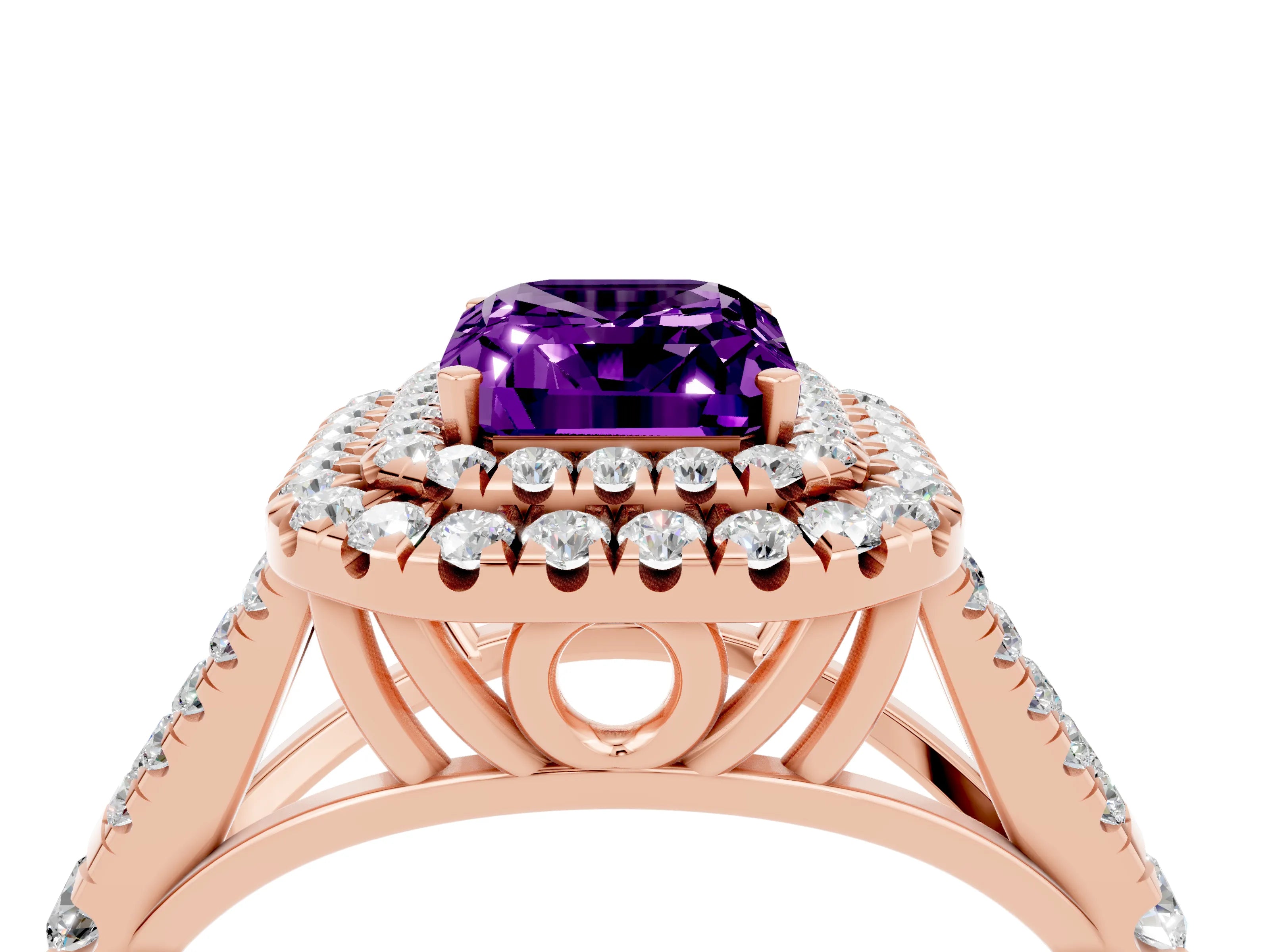 Rose gold Double Halo Emerald Cut Amethyst Pavé Split Shank Ring with Prong Setting_4