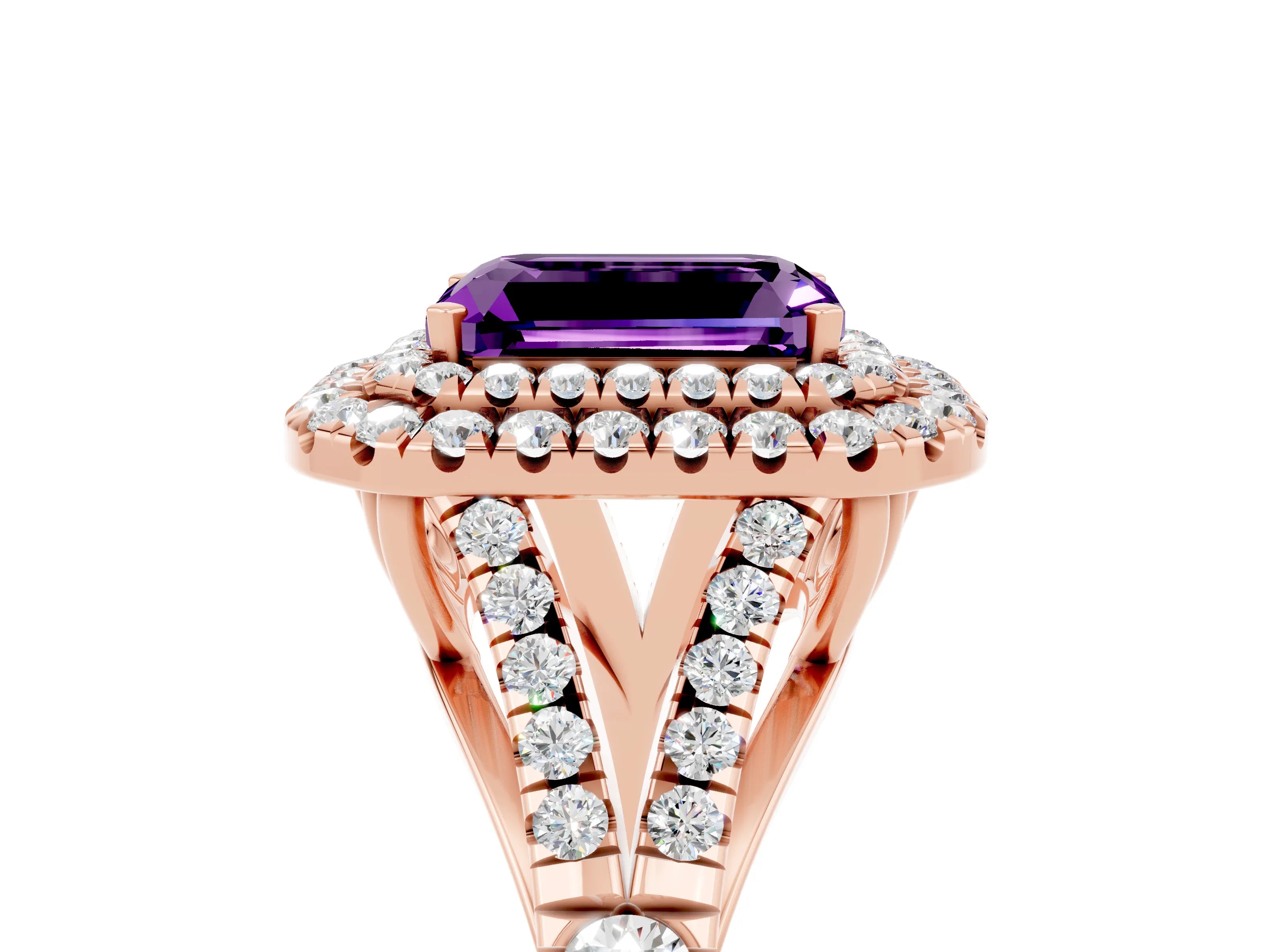 Rose gold Double Halo Emerald Cut Amethyst Pavé Split Shank Ring with Prong Setting_5