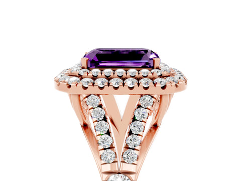 Rose gold Double Halo Emerald Cut Amethyst Pavé Split Shank Ring with Prong Setting_5