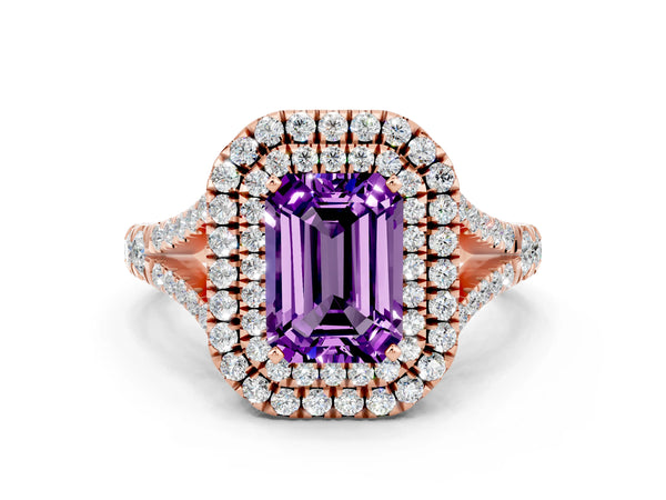 Rose gold Double Halo Emerald Cut Amethyst Split Shank Engagement Ring with Four-Prong Setting