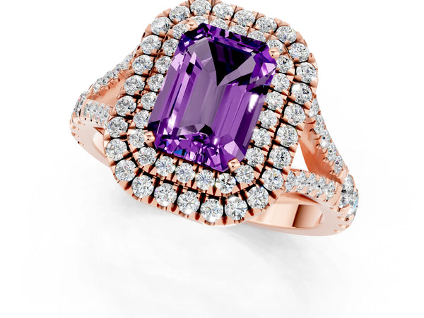Rose gold Double Halo Emerald Cut Amethyst Split Shank Engagement Ring with Four-Prong Setting